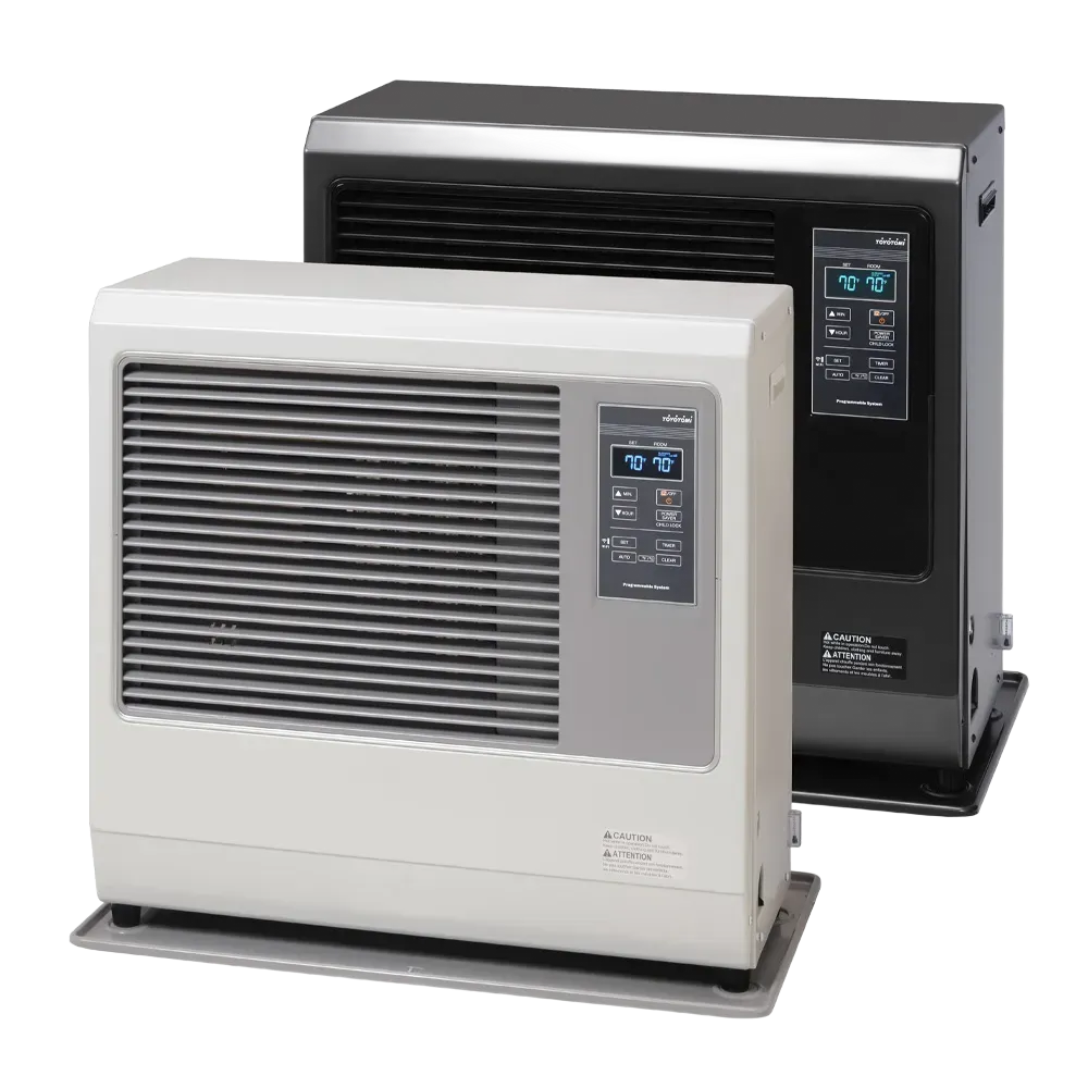 Two portable room air conditioners, one white and one black, shown front view