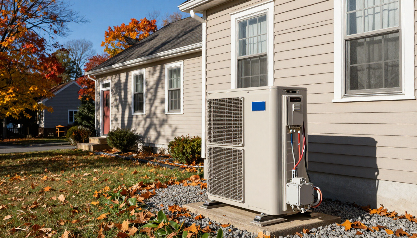 Outdoor HVAC unit beside a beige house with autumn leaves on the lawn