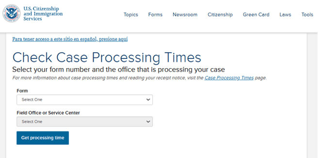 A screenshot of a website that says check case processing times