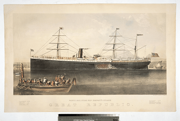 A historic image of a steamship with a passenger boat in the foreground.