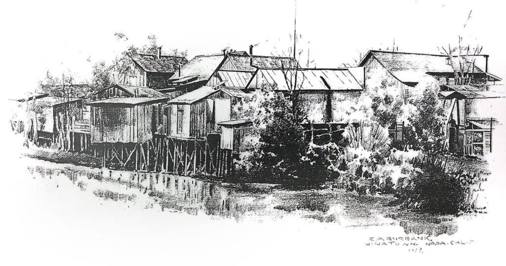 A pencil sketch of wooden buildings on stilts near the bank of the Napa River.
