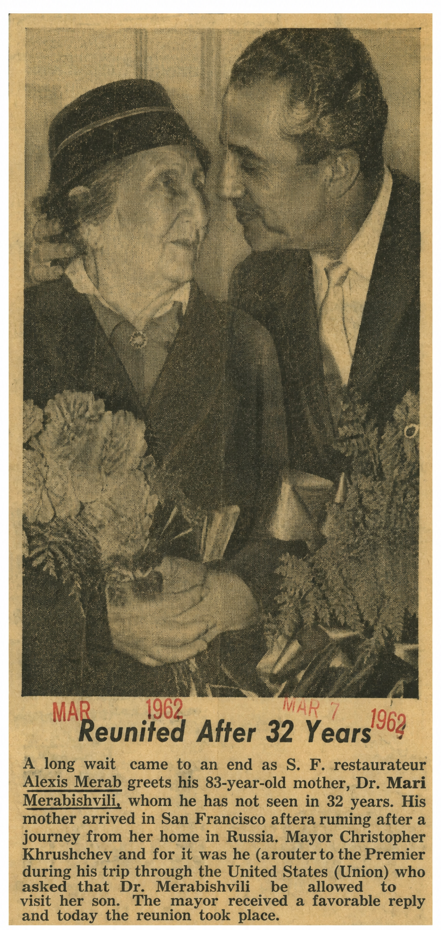 Sepia newspaper clipping of two men talking close together, with the headline 