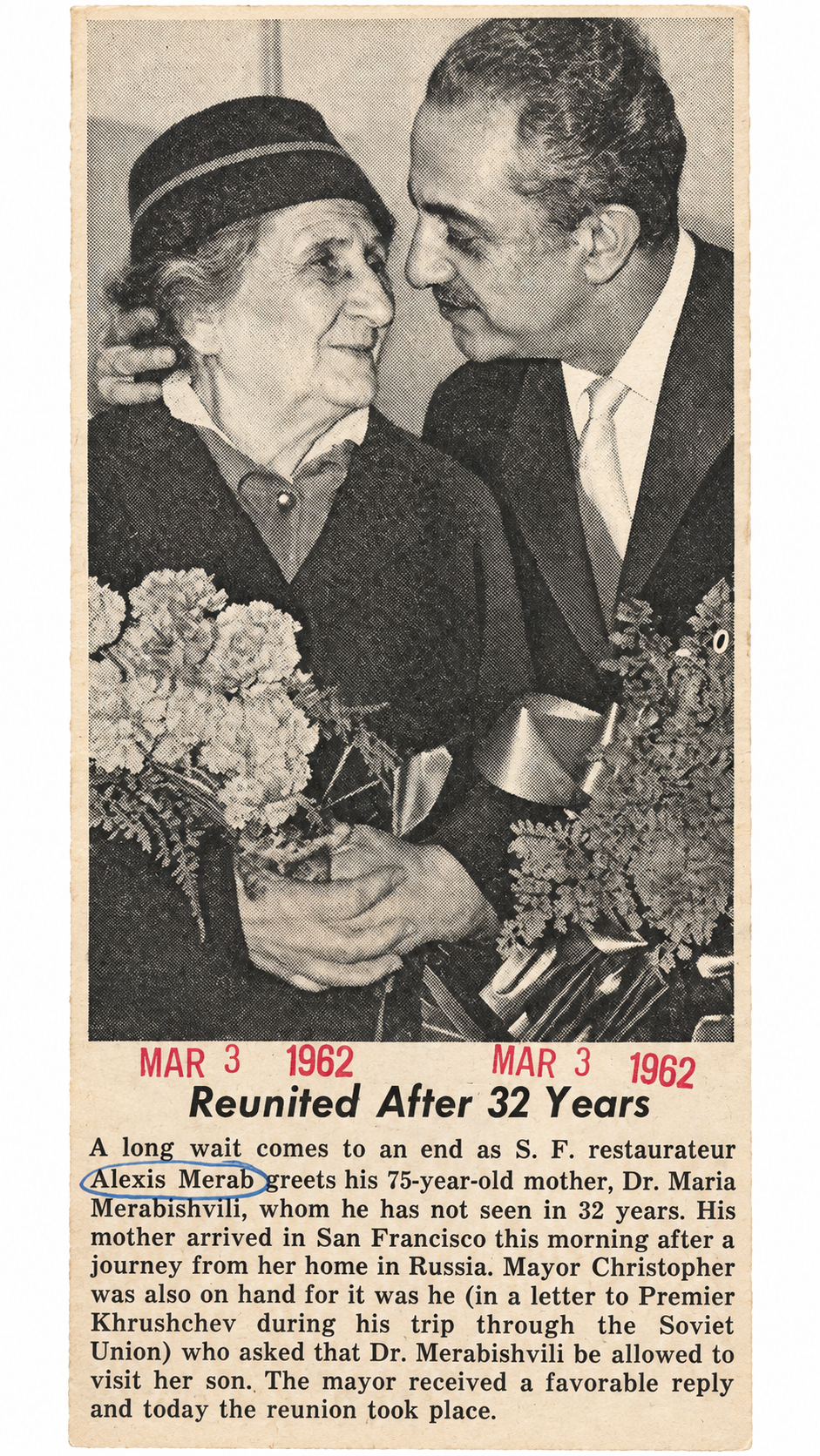 Sepia newspaper clipping of a woman and a man talking close together, with the headline 