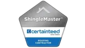 ShingleMaster GAF certified roofing contractor badge with gray, white, and blue design