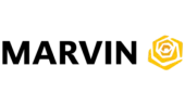 Black MARVIN wordmark with a yellow hexagon spiral icon on a white background