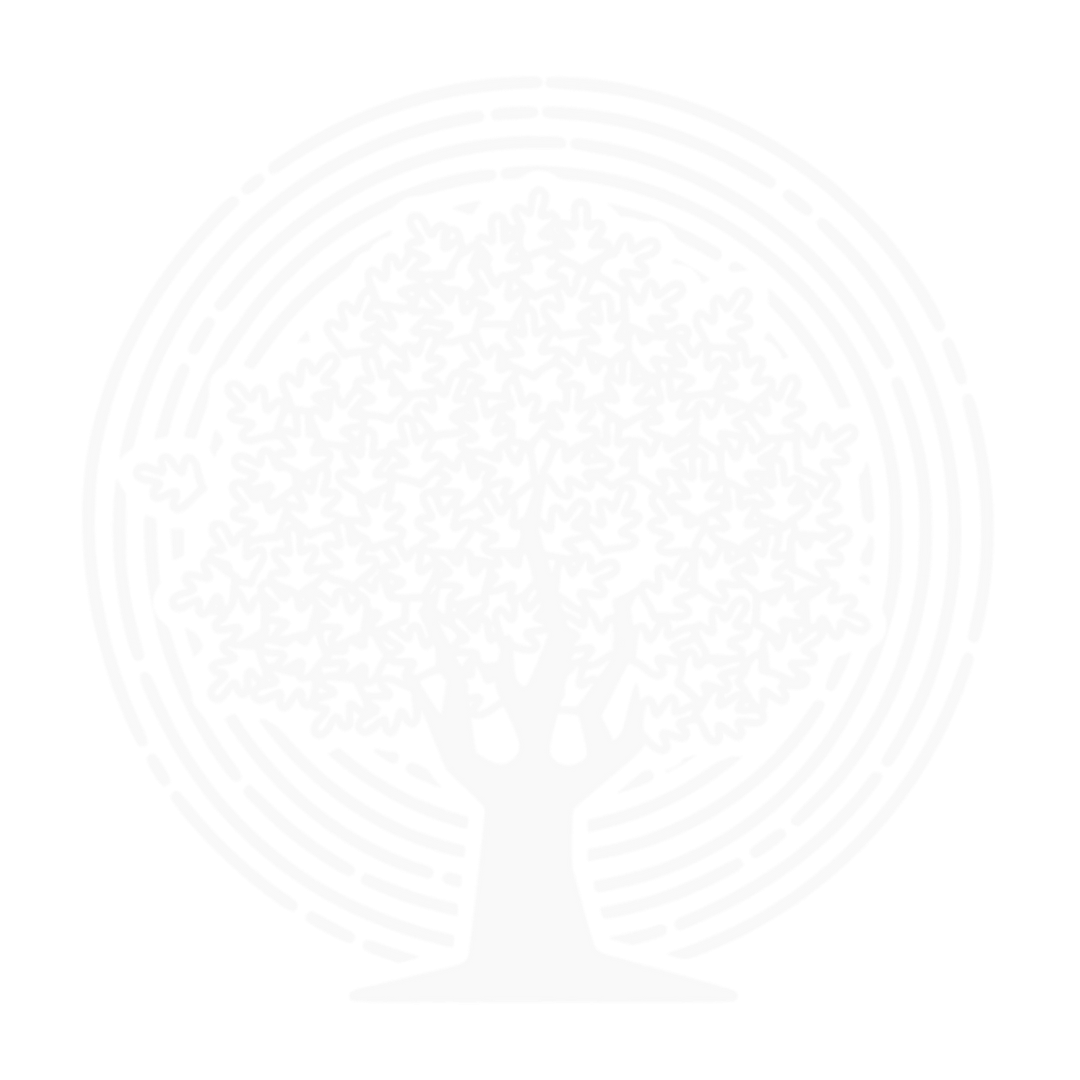 White circular tree emblem with concentric rings and a faint trunk and canopy.