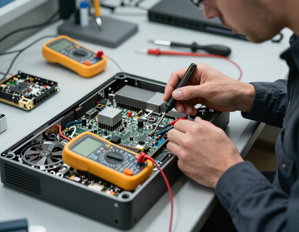 Technician inspecting an open PS4 console