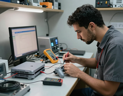 Technician testing a PS4 console on a workbench