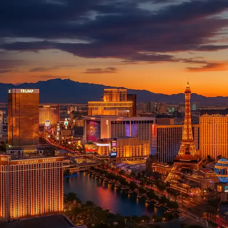 An aerial view of las vegas at night with the eiffel tower in the foreground.