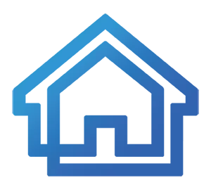 A blue and white house icon on a white background.