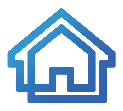 A blue and white icon representing fair housing  on a blue background.