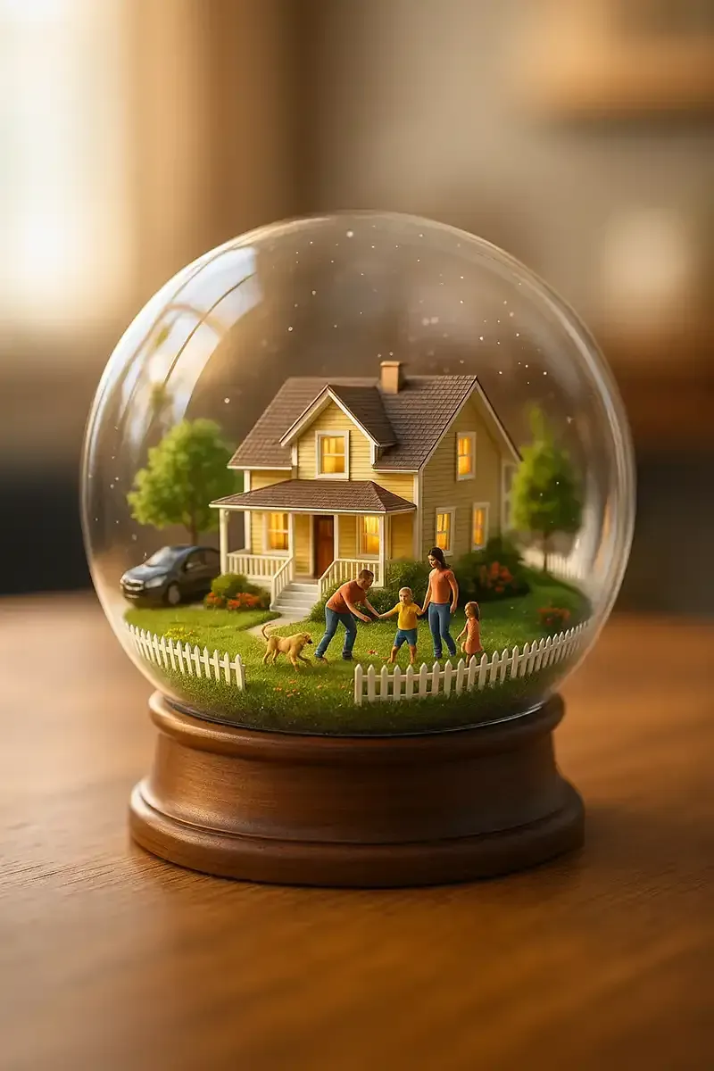 A snow globe with a family and a house inside of it.