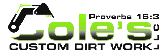Logo for Cole's Custom Dirt Work with a green and black excavator graphic and Bible verse,
