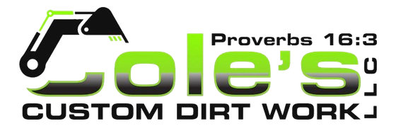 Logo for Cole's Custom Dirt Work with a green and black excavator graphic and Bible verse, 