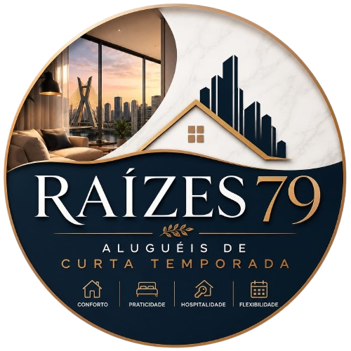 Logo circular da Ra&iacute;zes 79 para aluguel de curta temporada, com skyline, interior aconchegante e &iacute;cones de hospedagem.