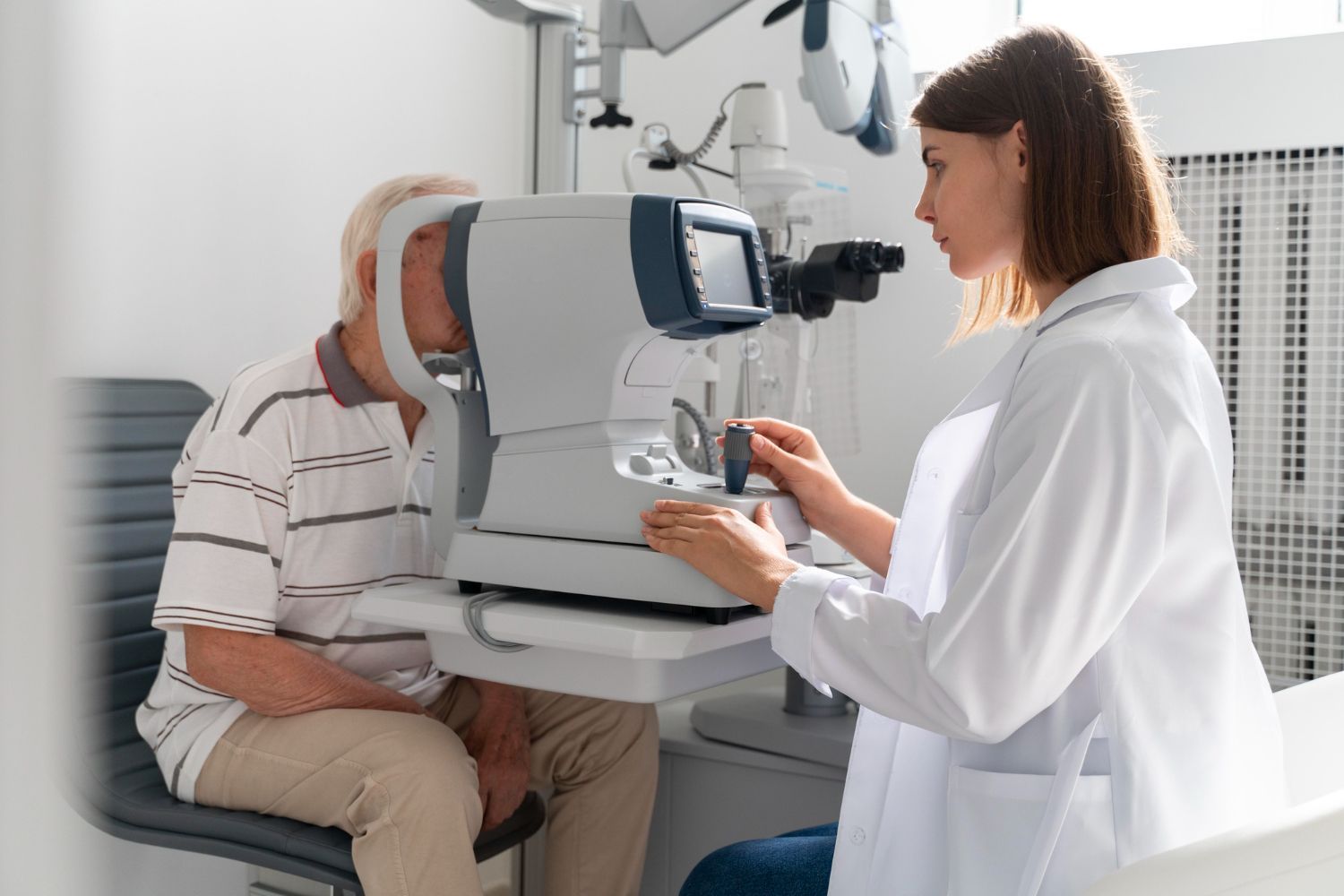 Optometrist examining a patient's eyes with a diagnostic machine in an exam room.
