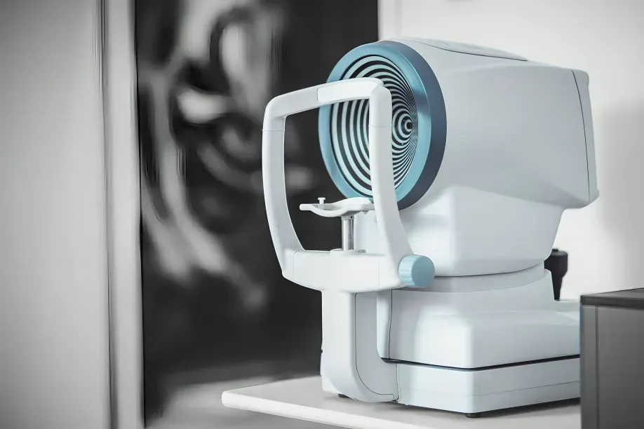 Optical eye exam machine in a clinic, white and teal device with chin rest and viewing lens