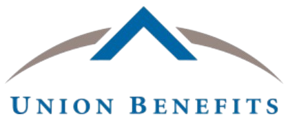 Union Benefits logo with blue roof-like icon and gray arc above blue text