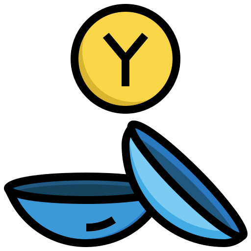 Yellow circle with black Y above two blue petal-like shapes