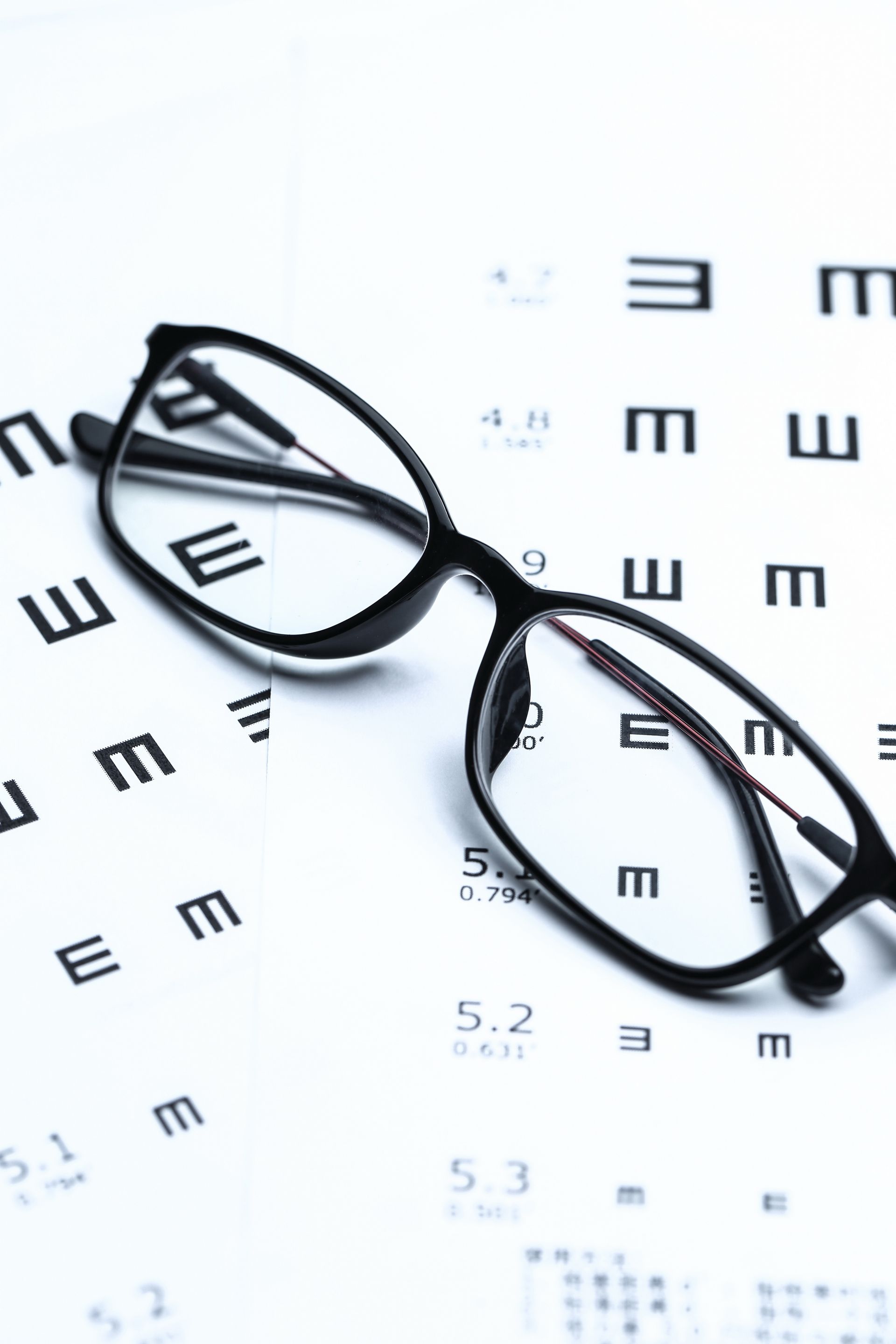 Black eyeglasses resting on a vision chart with blurred letter rows.