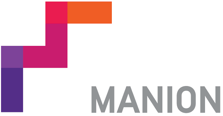 MANION logo with pink, purple, and orange geometric mark on a white background