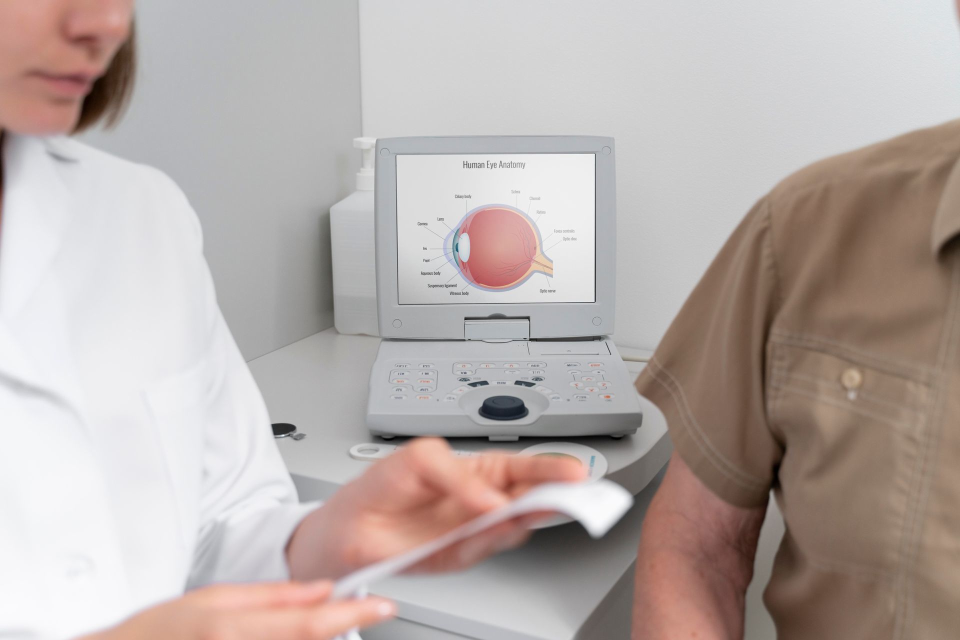 Healthcare worker showing a skin analysis to a patient beside a medical device