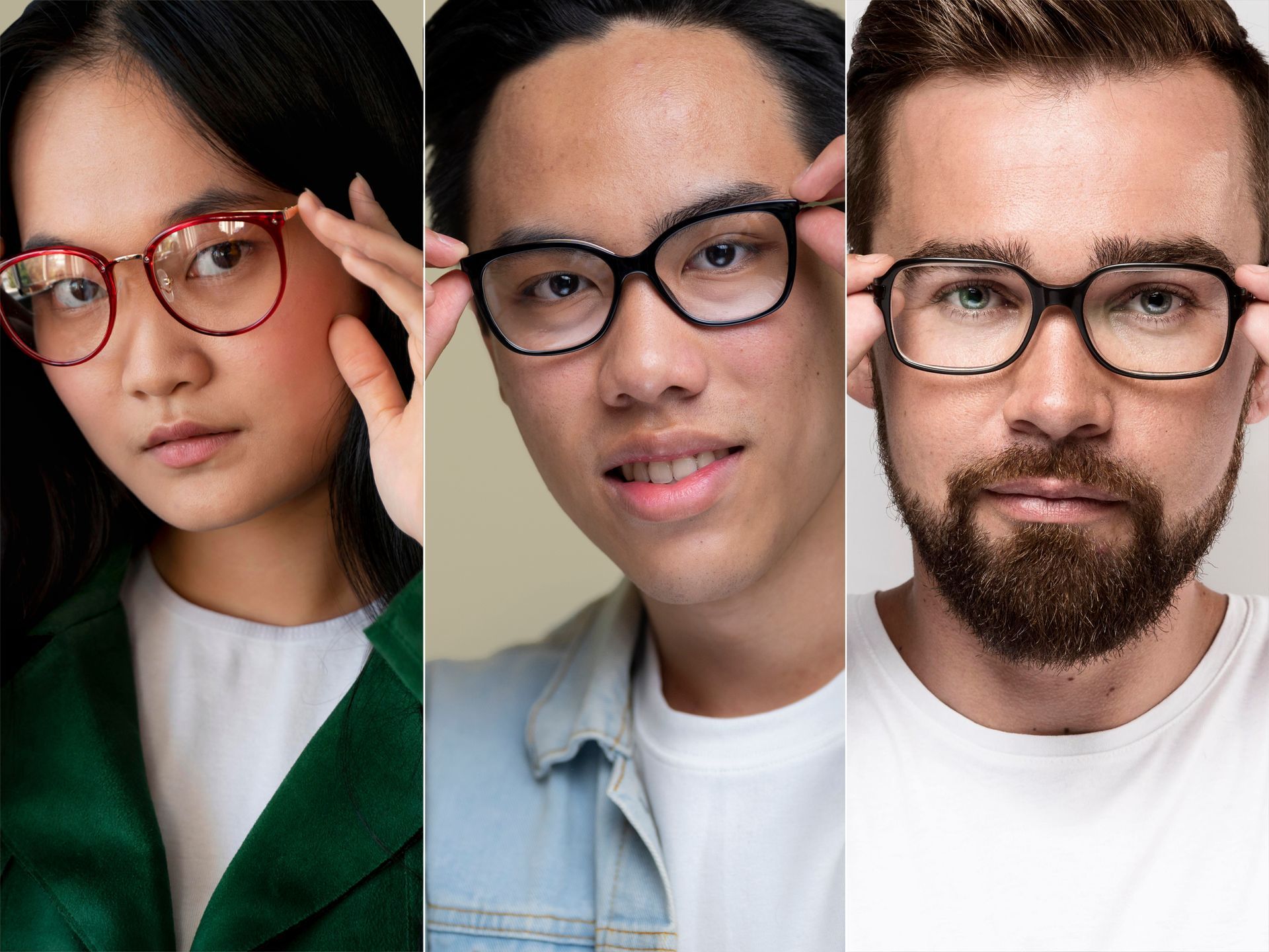 Three people wearing eyeglasses, each in a different shirt and posing against a plain background