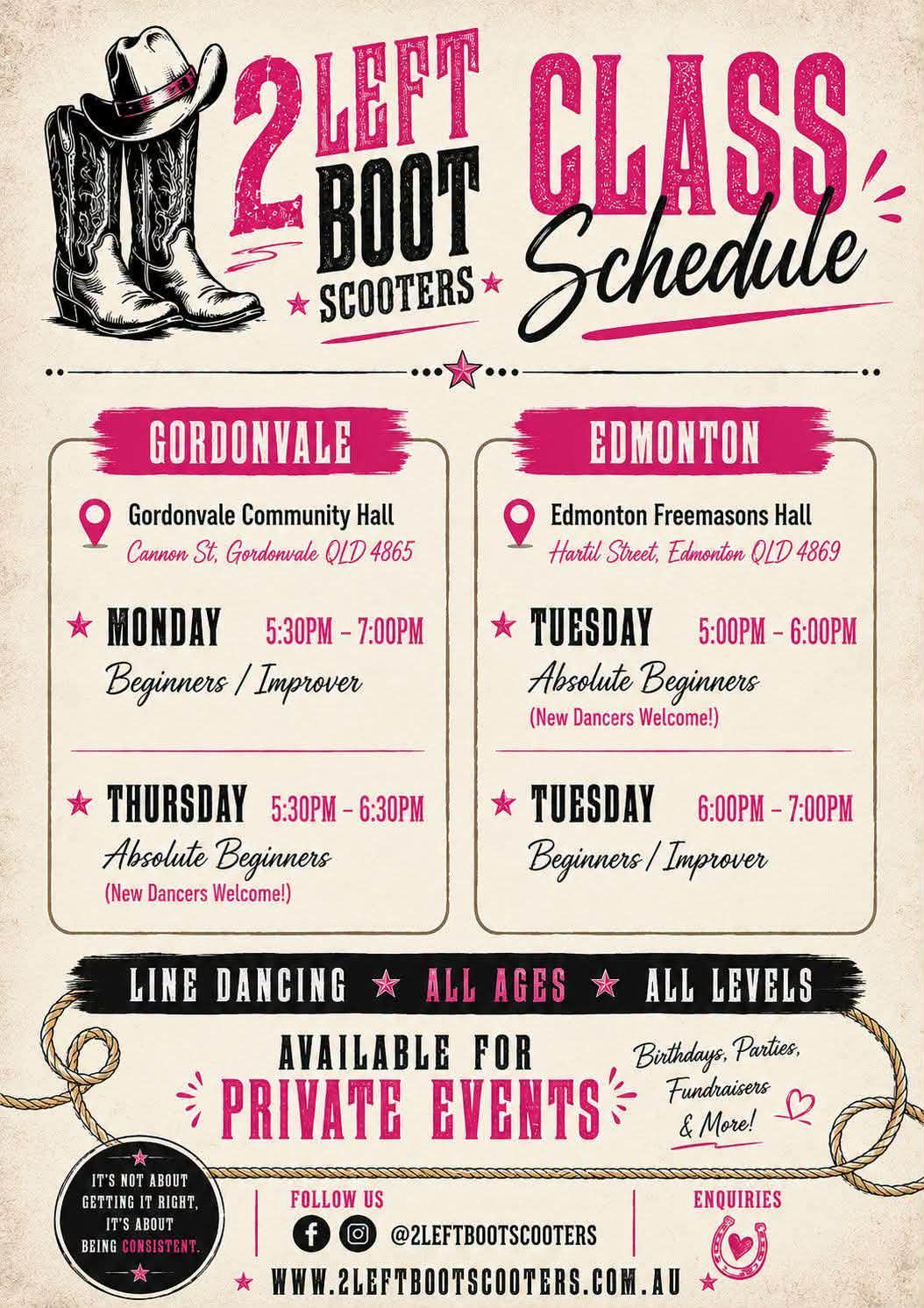 South Side Line Dancing poster for 2 Left Boot 2 Steppers class schedule in rustic orange and black.