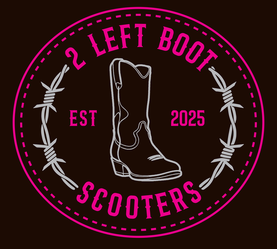 Pink circular logo for 2 Left Boot Scooters with a boot icon, barbed-wire border, and EST 2025 text