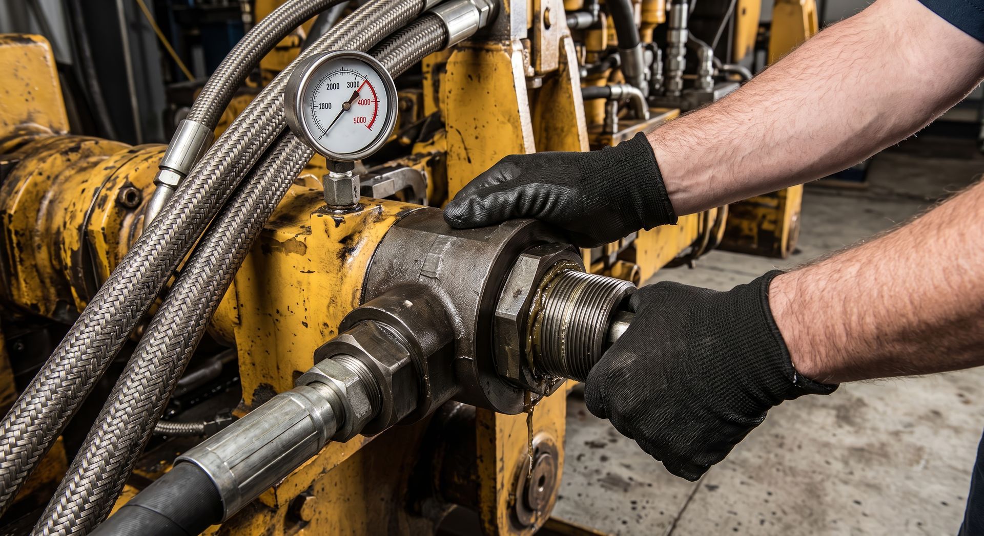 Technician in gloves tightening hydraulic fittings on industrial equipment with pressure gauge visib