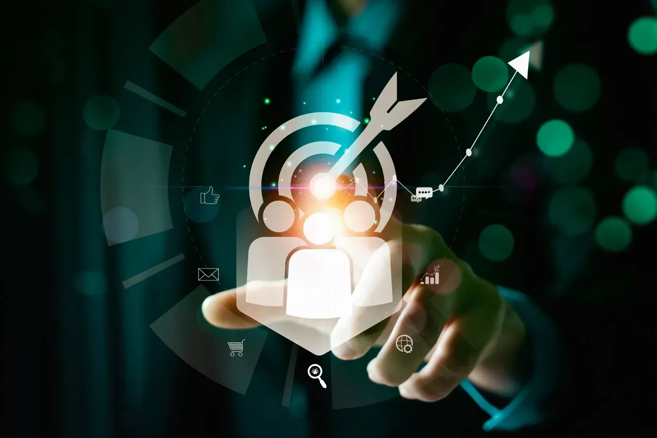 A hand interacts with a glowing digital interface displaying a target icon above three person silhouettes and an upward-pointing graph.