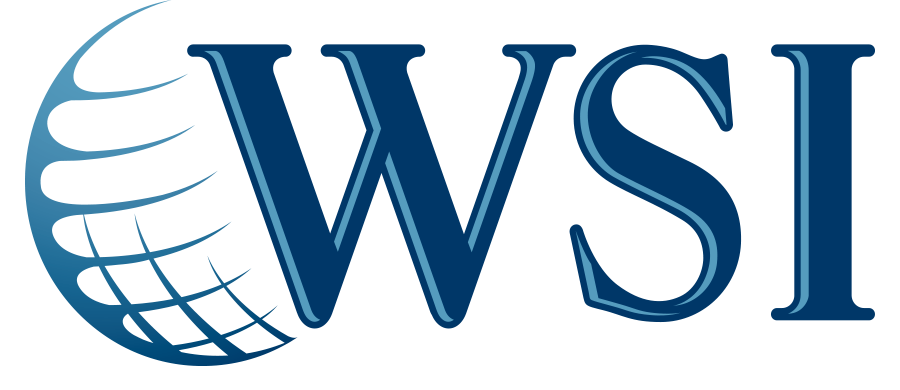 Blue WSI logo with a stylized globe and large serif letters on a white background
