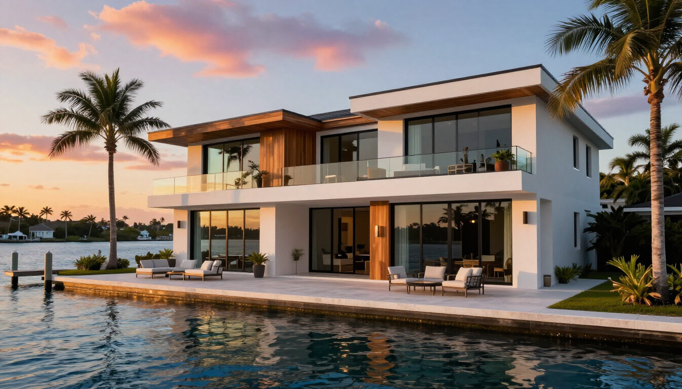 Modern waterfront villa at sunset with palm trees and a pool beside the water