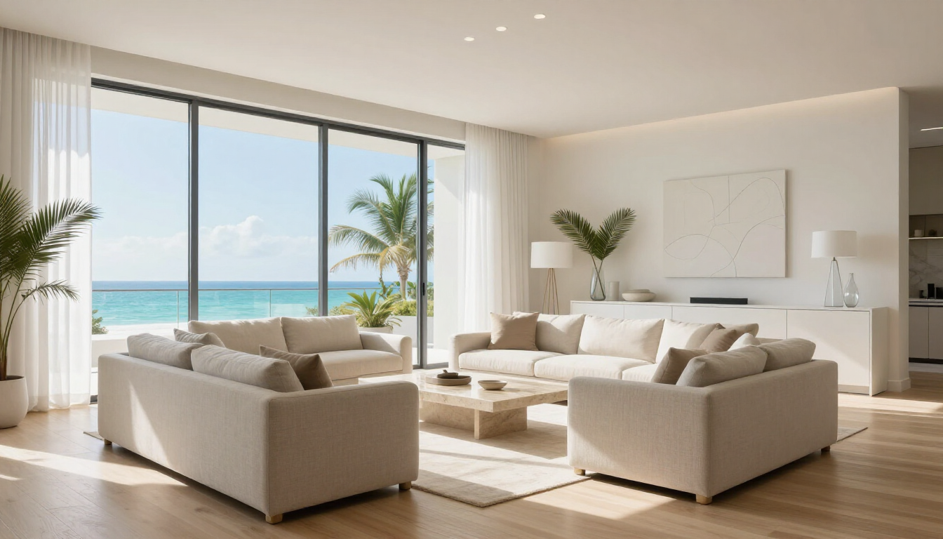 Bright modern living room with beige sofas facing large sliding doors overlooking a turquoise ocean.