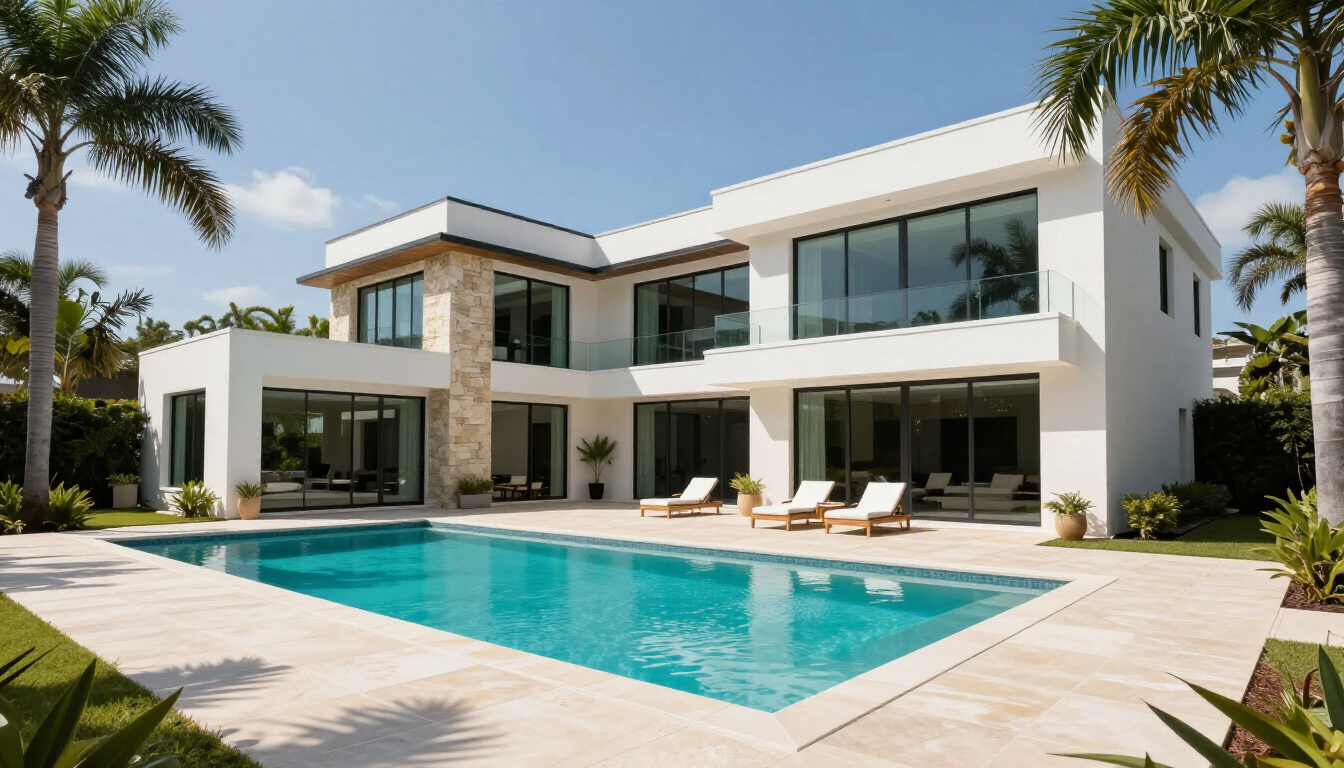 Modern white villa with a turquoise pool, patio loungers, and palm trees under a clear blue sky