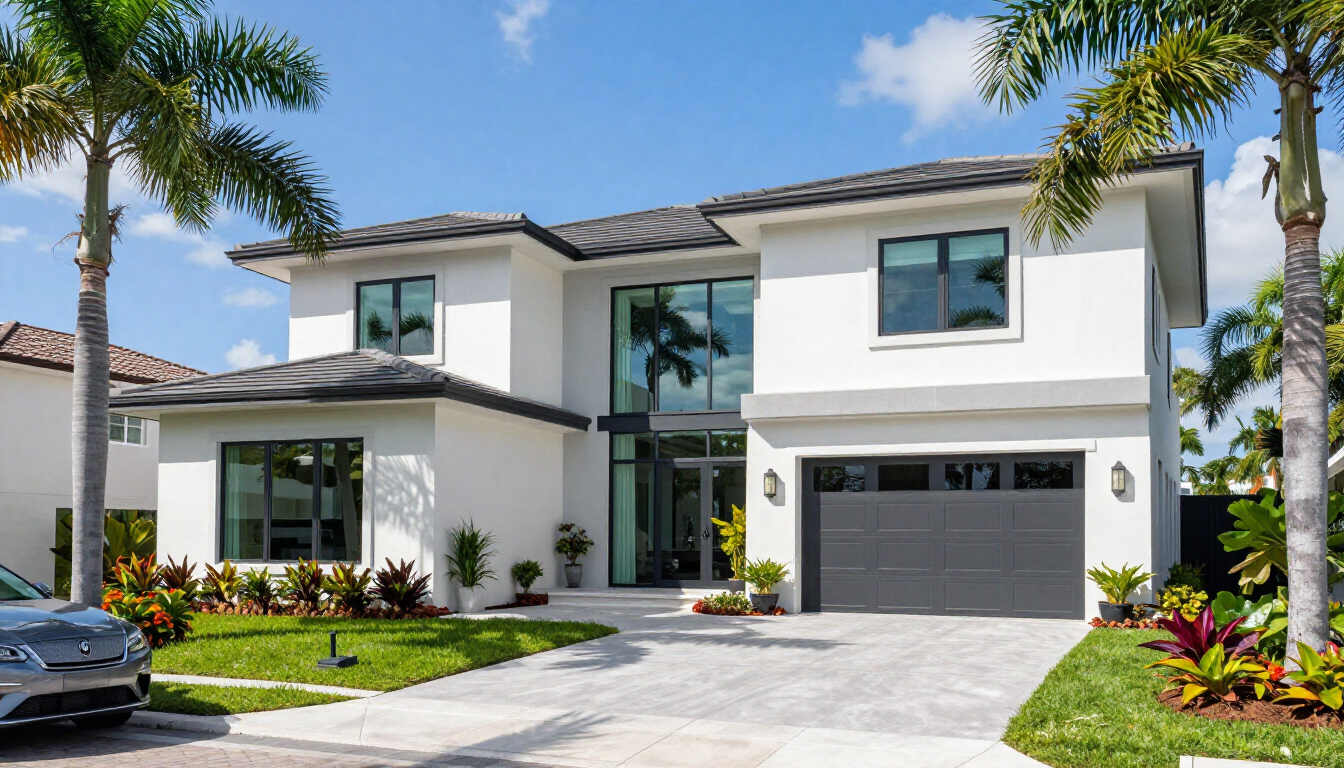 A beautiful modern home in Florida with palm trees and a blue sky.
