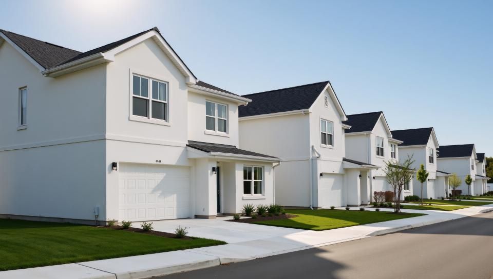 Row of white suburban houses with manicured lawns along a quiet street