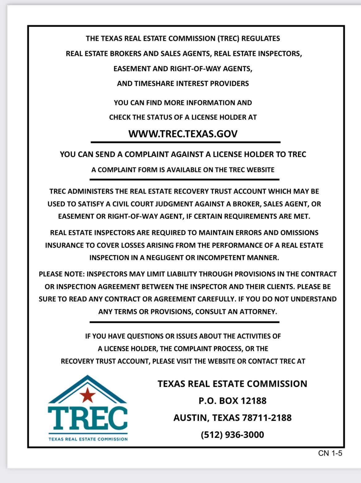 Texas Real Estate Commission notice with website and contact information.