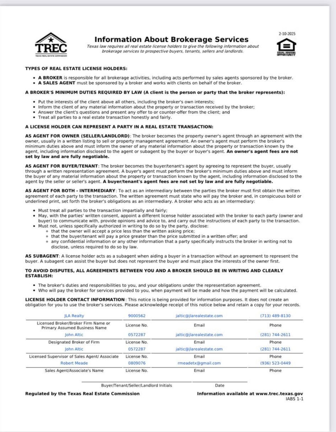 TREC document: Information about Brokerage Services.