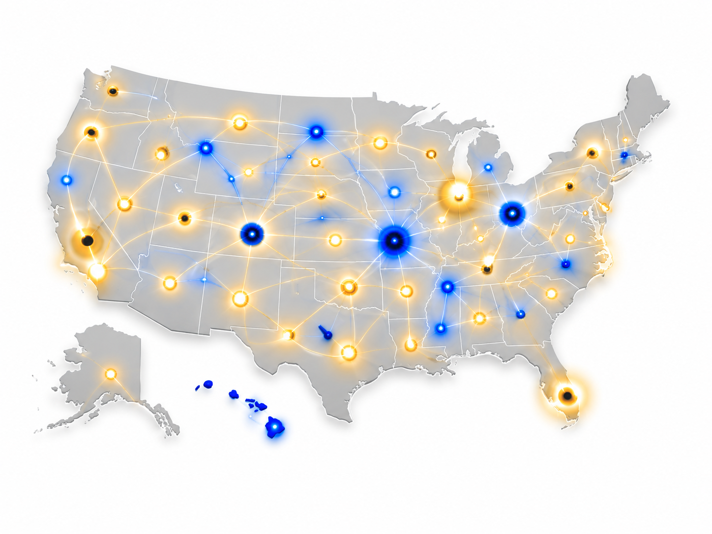 Illustration of a connected nationwide lender network; markers are illustrative.