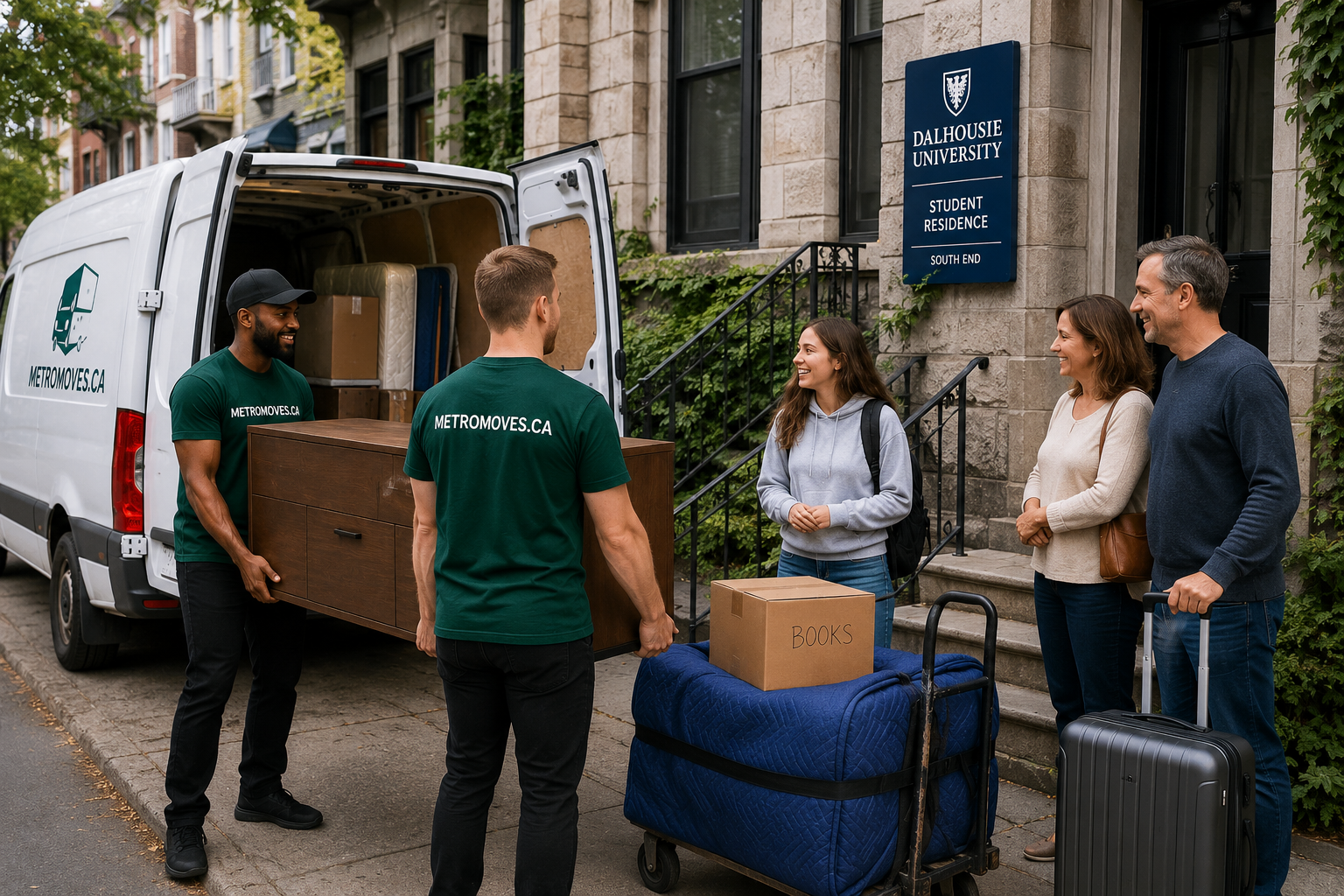 Movers unloading boxes from a white van while three people stand outside a building with luggage.