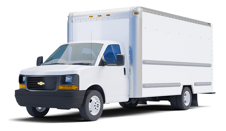 A white box truck is parked on a white background.