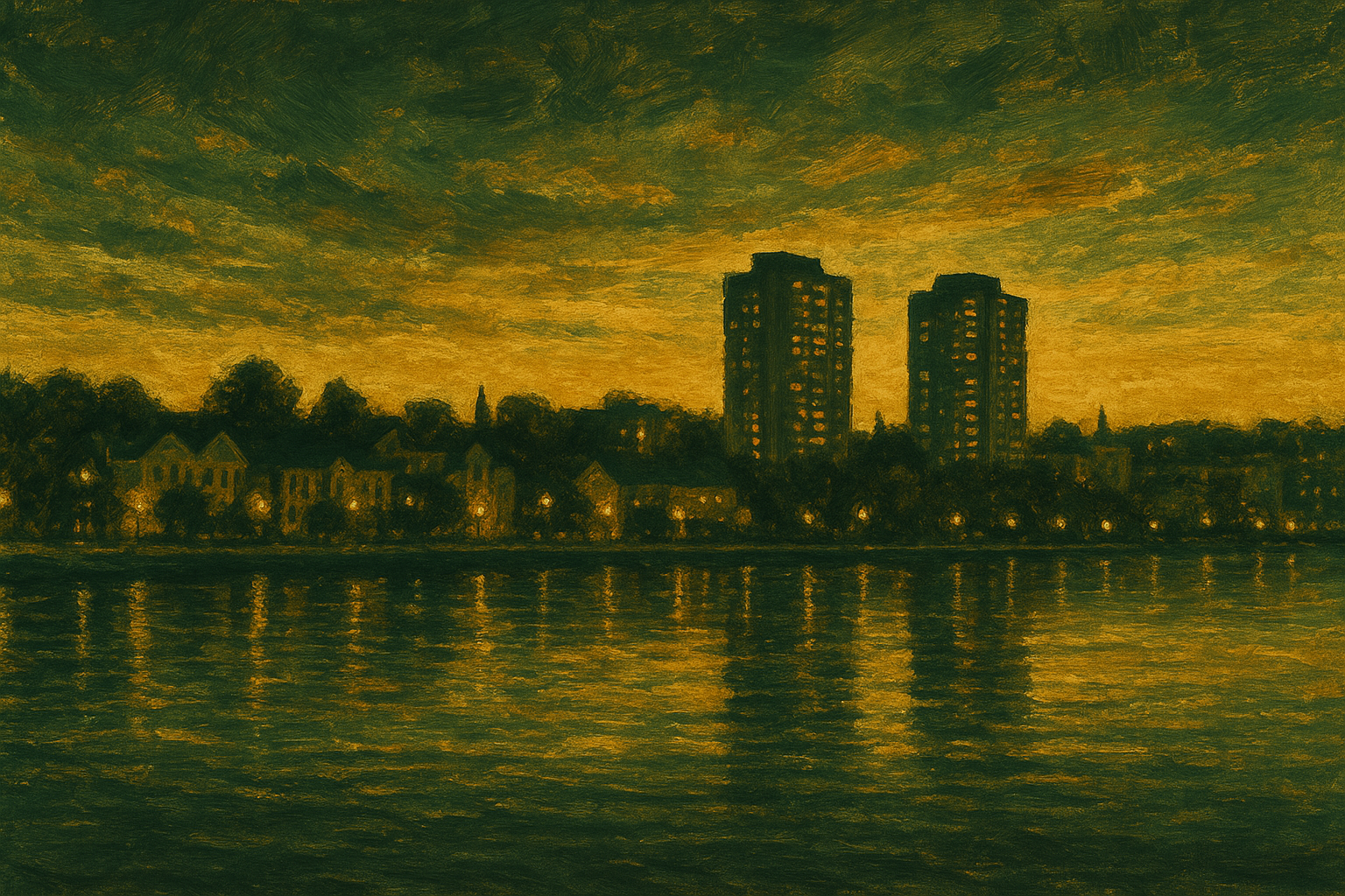 A large body of water with a city in the background