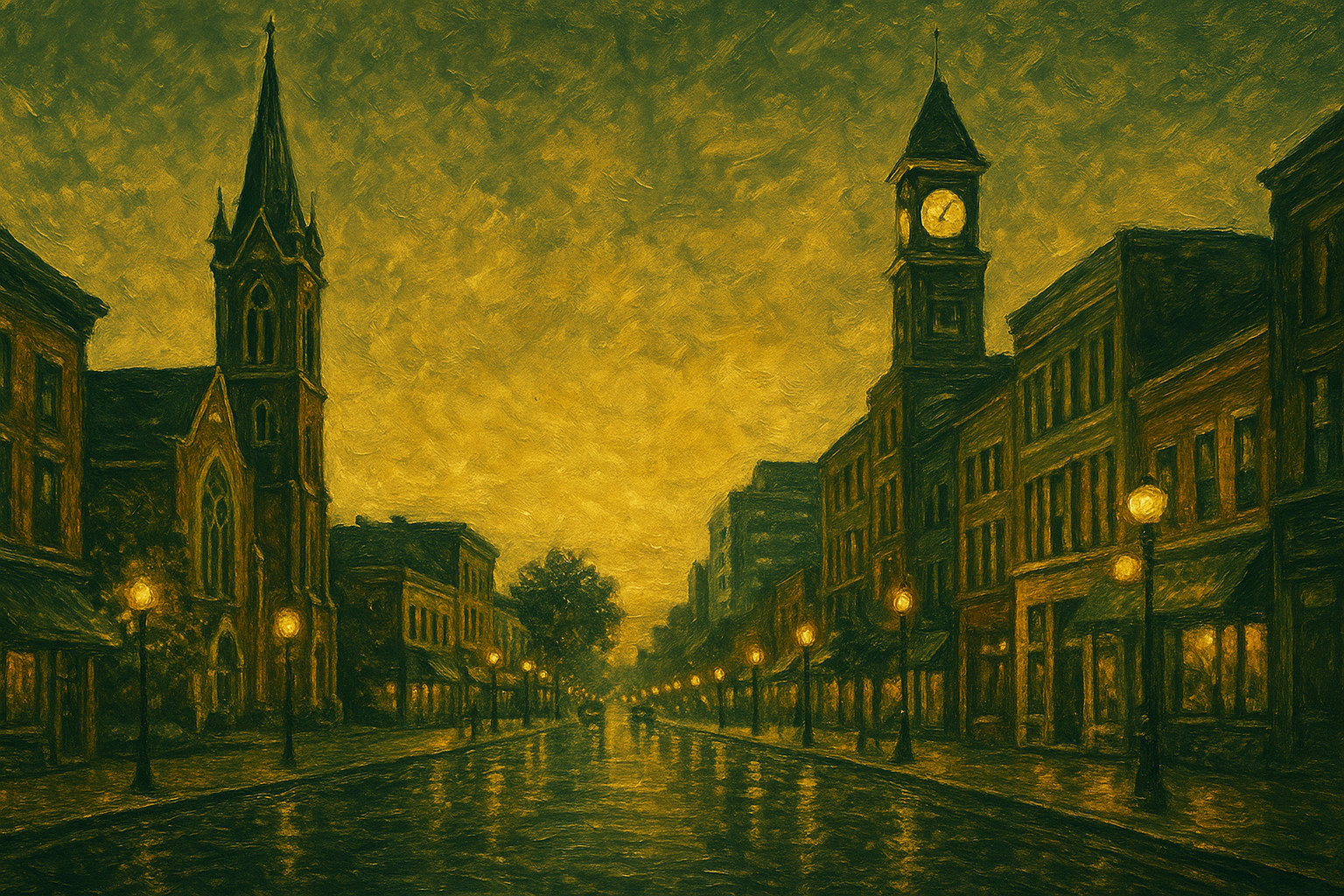 An aerial view of a city at sunset with a clock tower in the background.