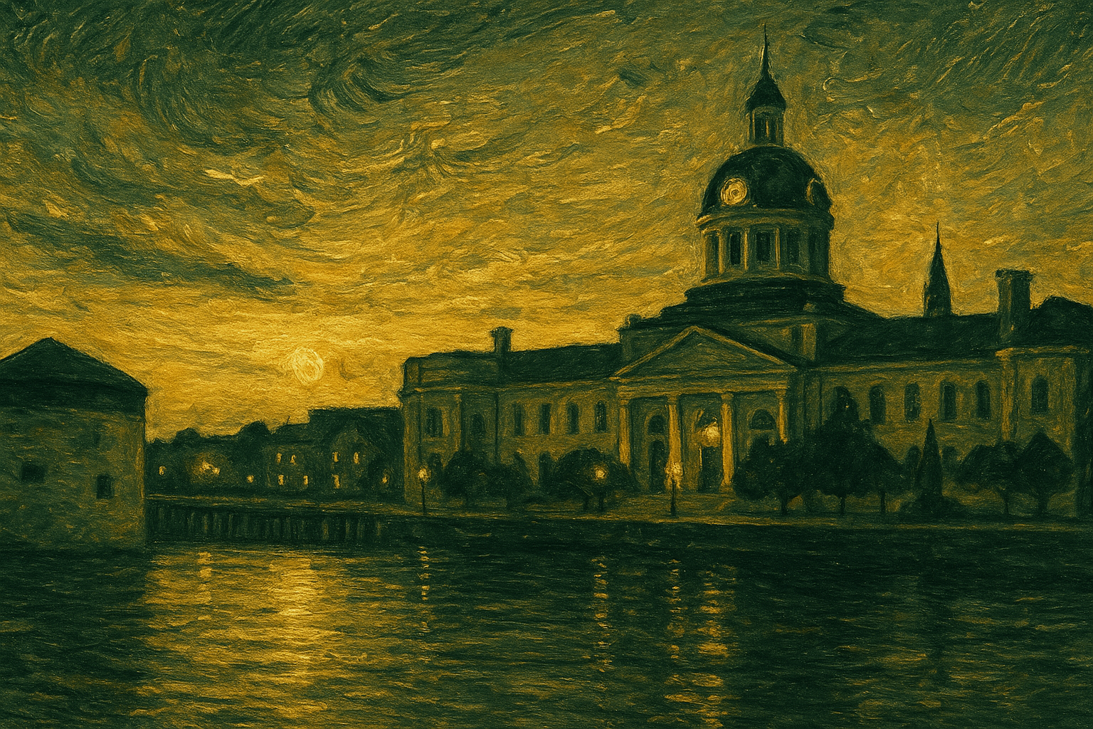 An aerial view of a city at sunset with a dome shaped building in the foreground.