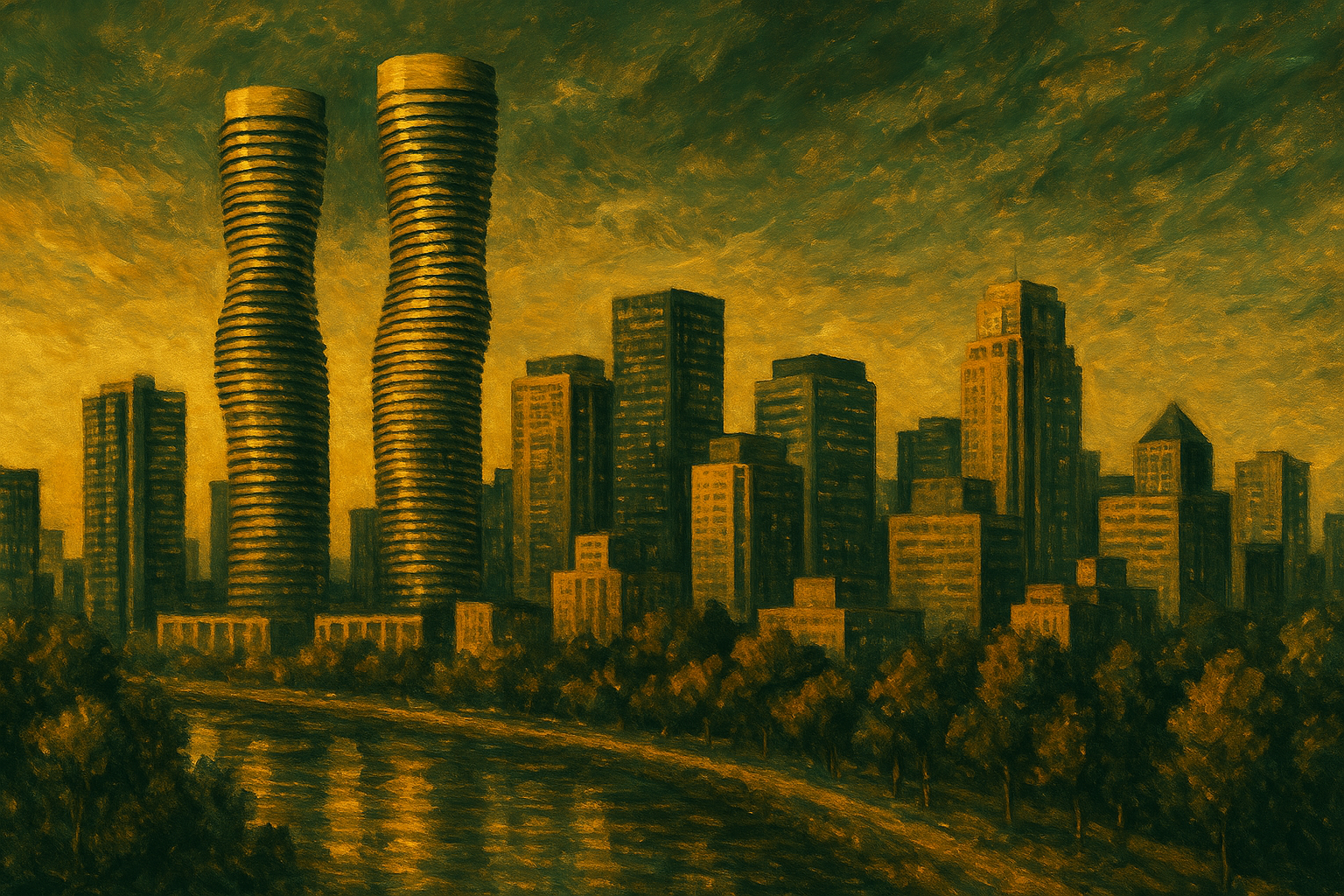An aerial view of a city skyline with a lot of tall buildings.