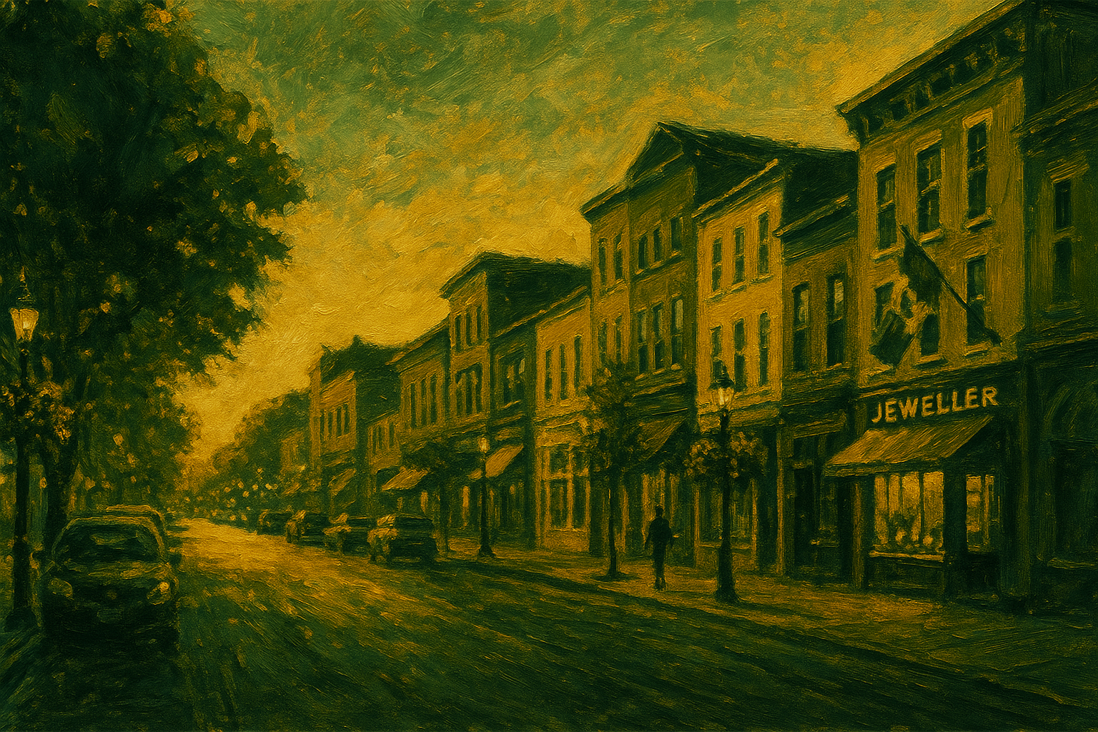 A cobblestone street at night with a green light