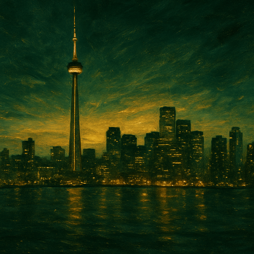 A view of the city skyline from the water with the cn tower in the foreground.