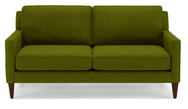 A green couch with wooden legs on a white background.