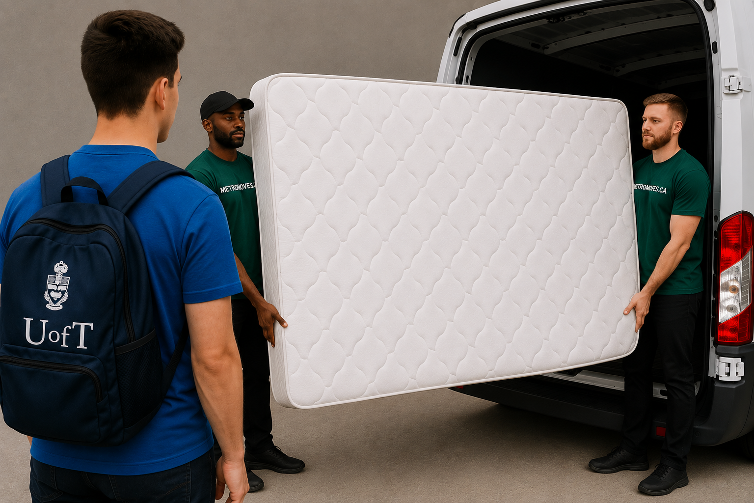 Three men unload a white mattress from a van.